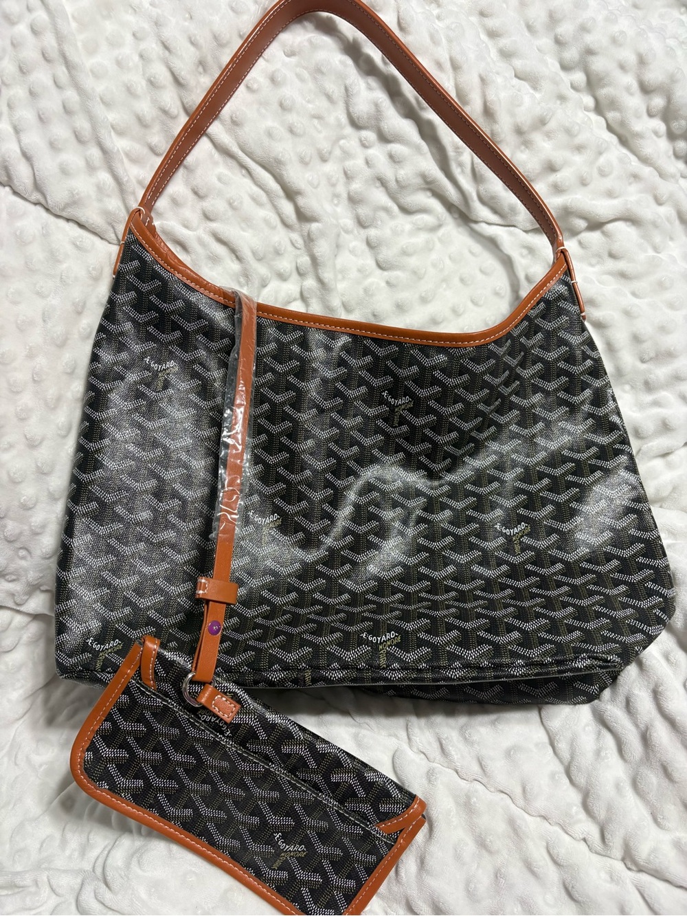 Black Patterned Shoulder Bag with Tan Trim and Matching Pouch